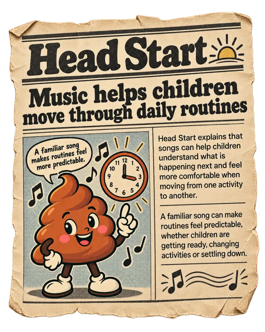 Vintage newspaper illustration from Head Start about music helping children through daily routines