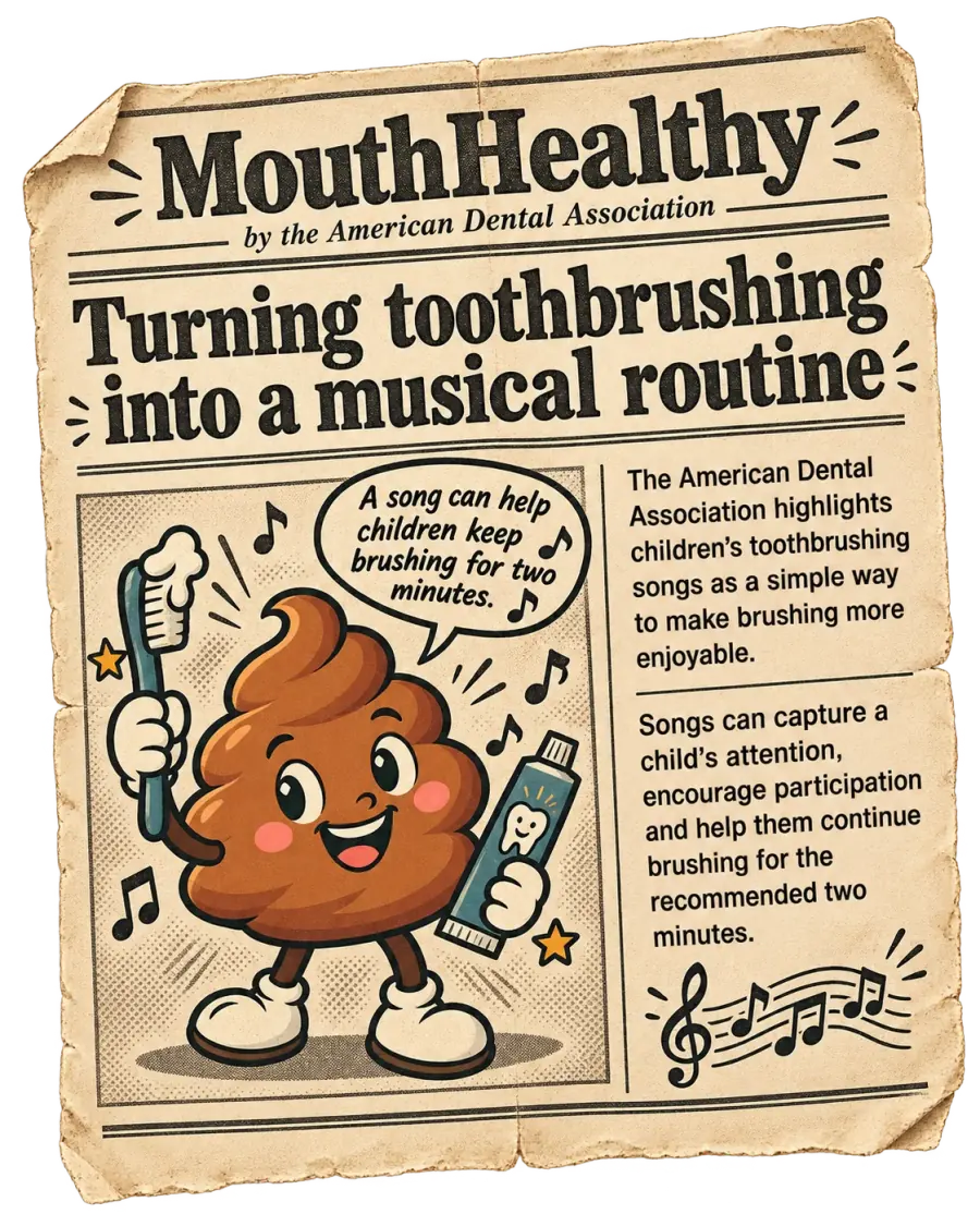 Vintage newspaper illustration from MouthHealthy about turning toothbrushing into a musical routine