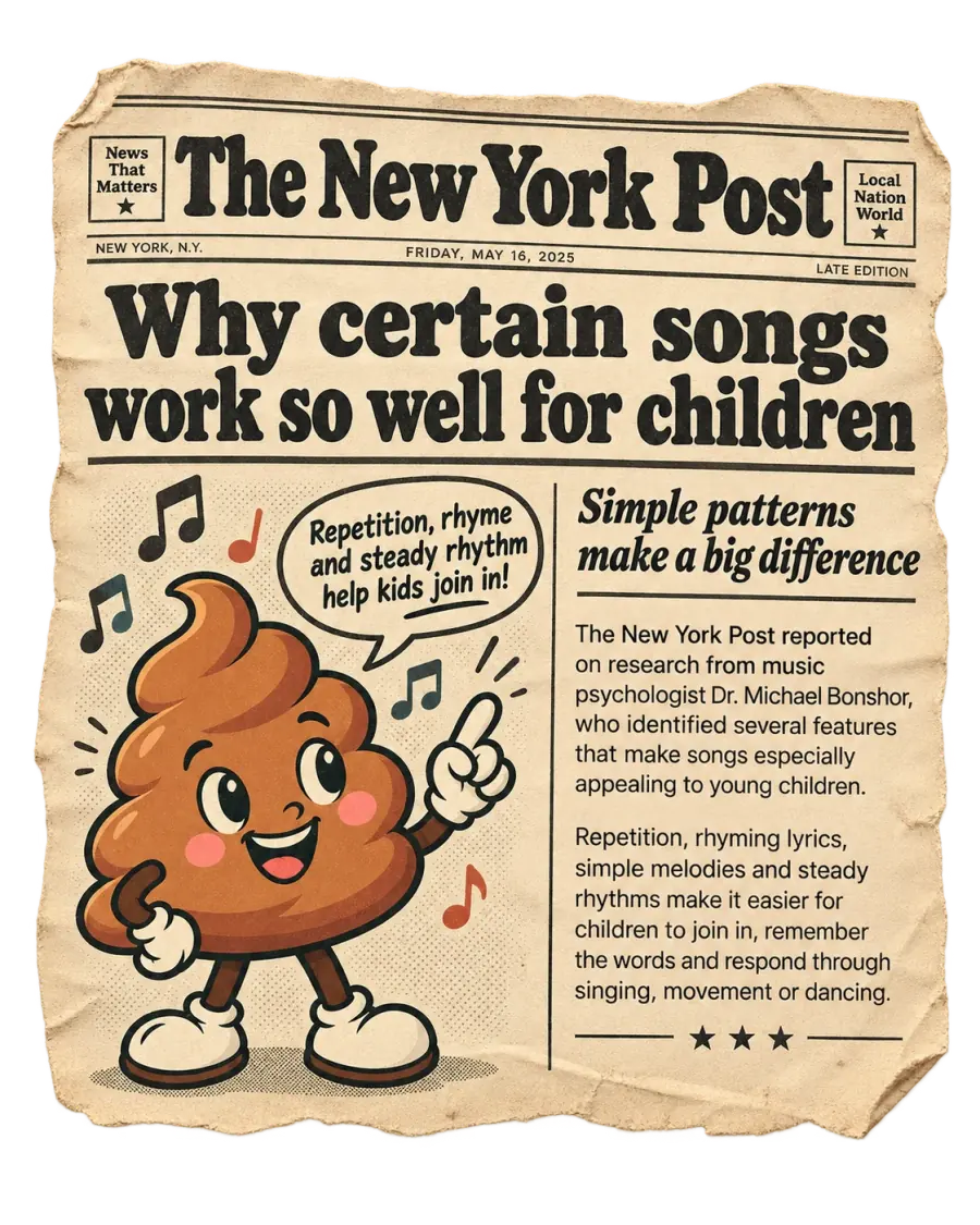 Vintage newspaper illustration from The New York Post about why certain songs work well for children