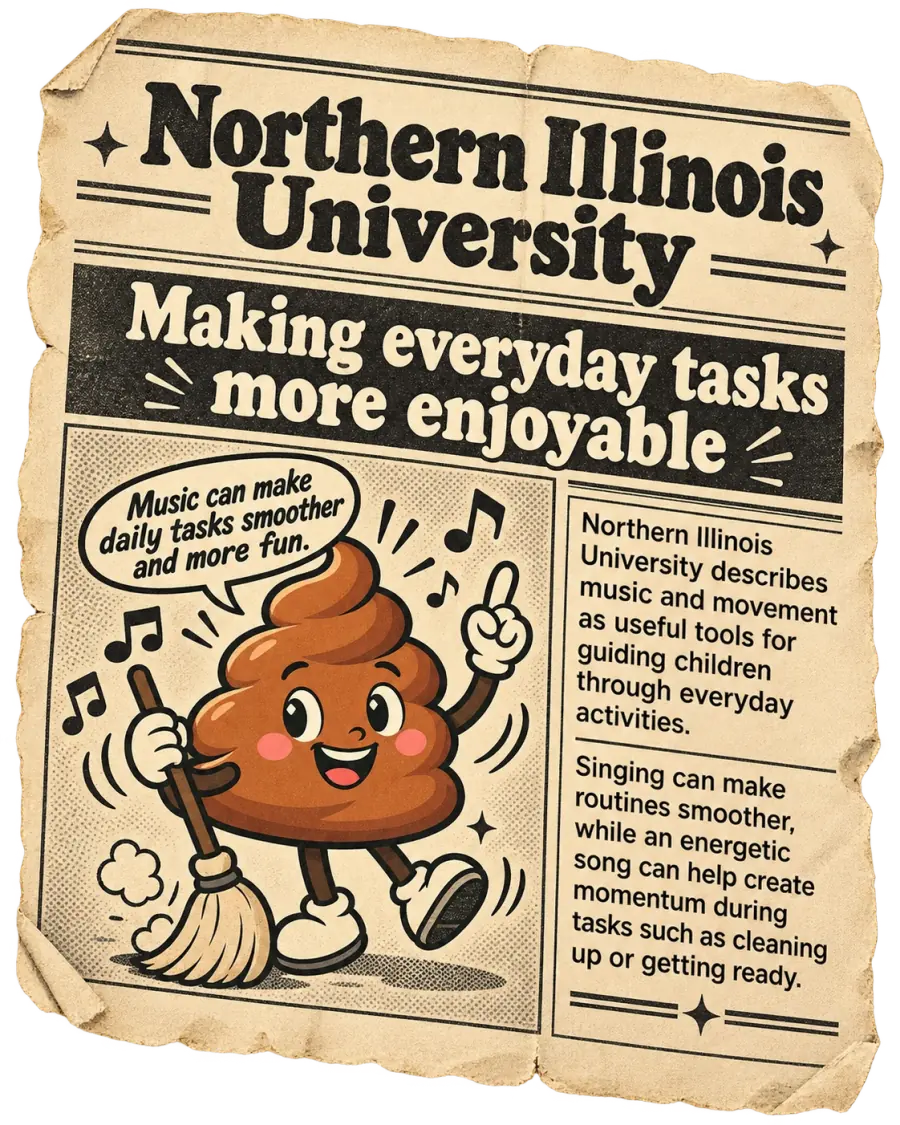 Vintage newspaper illustration from Northern Illinois University about music making everyday tasks more enjoyable