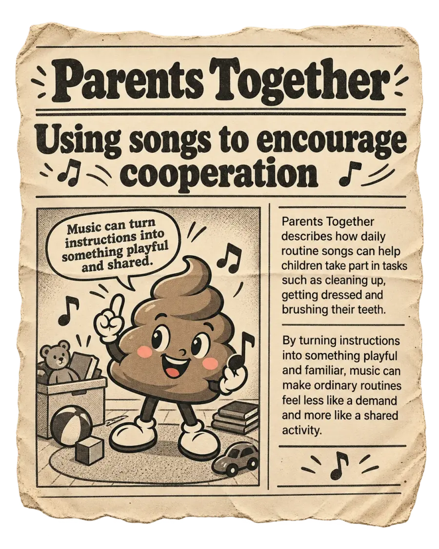 Vintage newspaper illustration from Parents Together about using songs to encourage cooperation