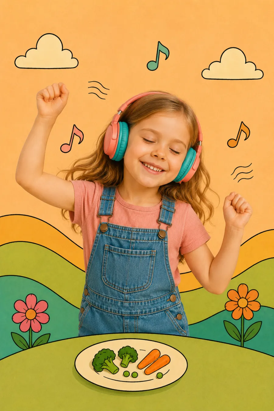 A smiling child dancing in headphones beside a plate of vegetables