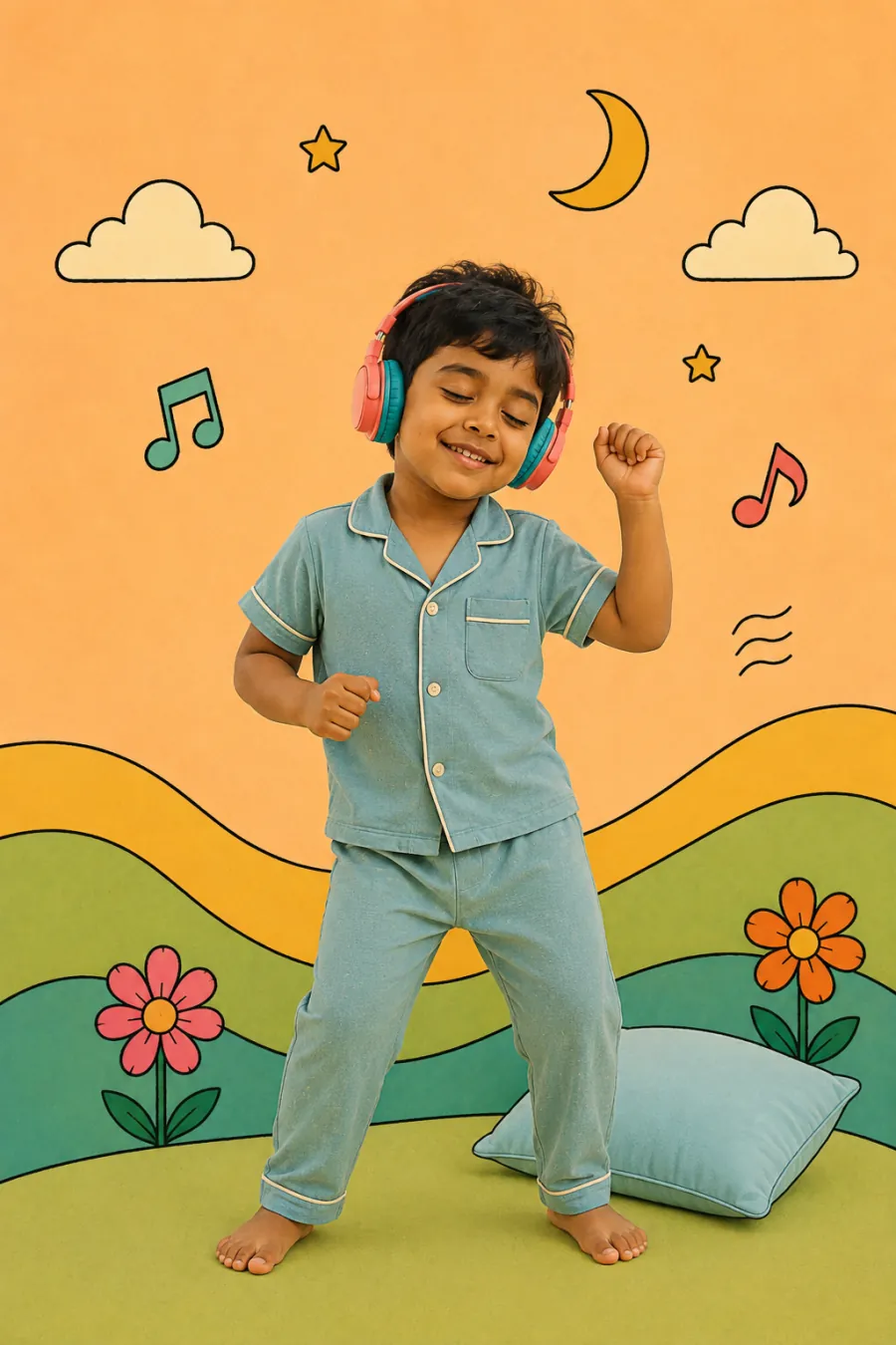 A smiling child dancing in pajamas while listening to music