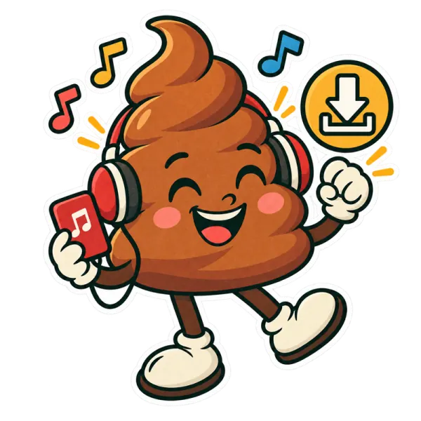Poopy dancing with headphones and a download button